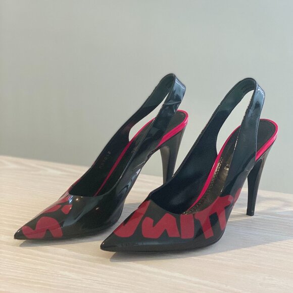 LOUIS VUITTON Patent Graffiti Slingback Pumps Black and Pink Size - Picture 3 of 5